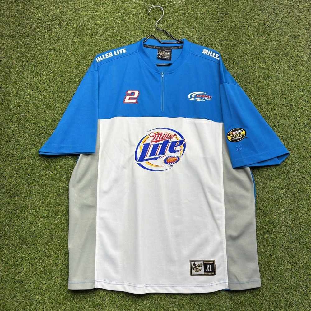 Chase Authentic Drivers Line Miller Lite Shirt Mens XL Racing 1/4 Zip Blue White